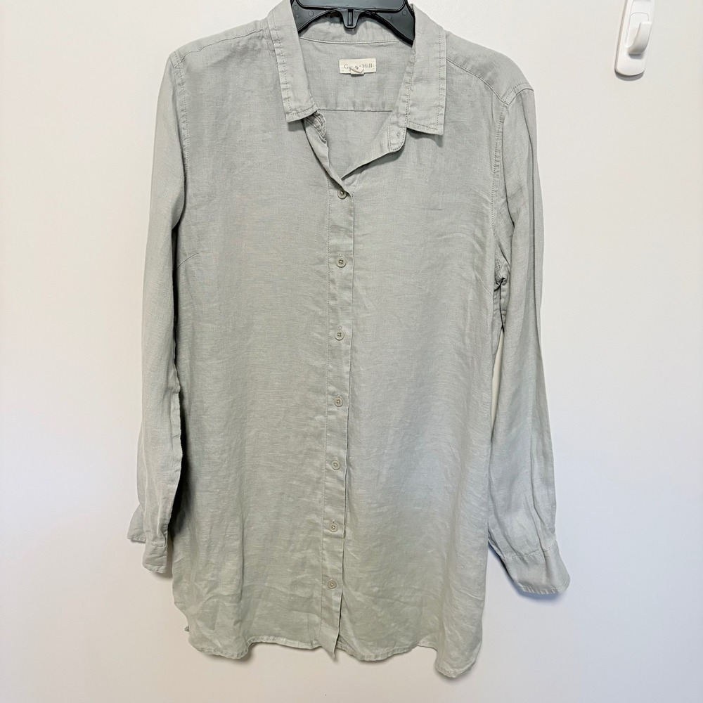 Garnet Hill Linen Button Down Shirt Women Green XS Long Sleeve Tunic